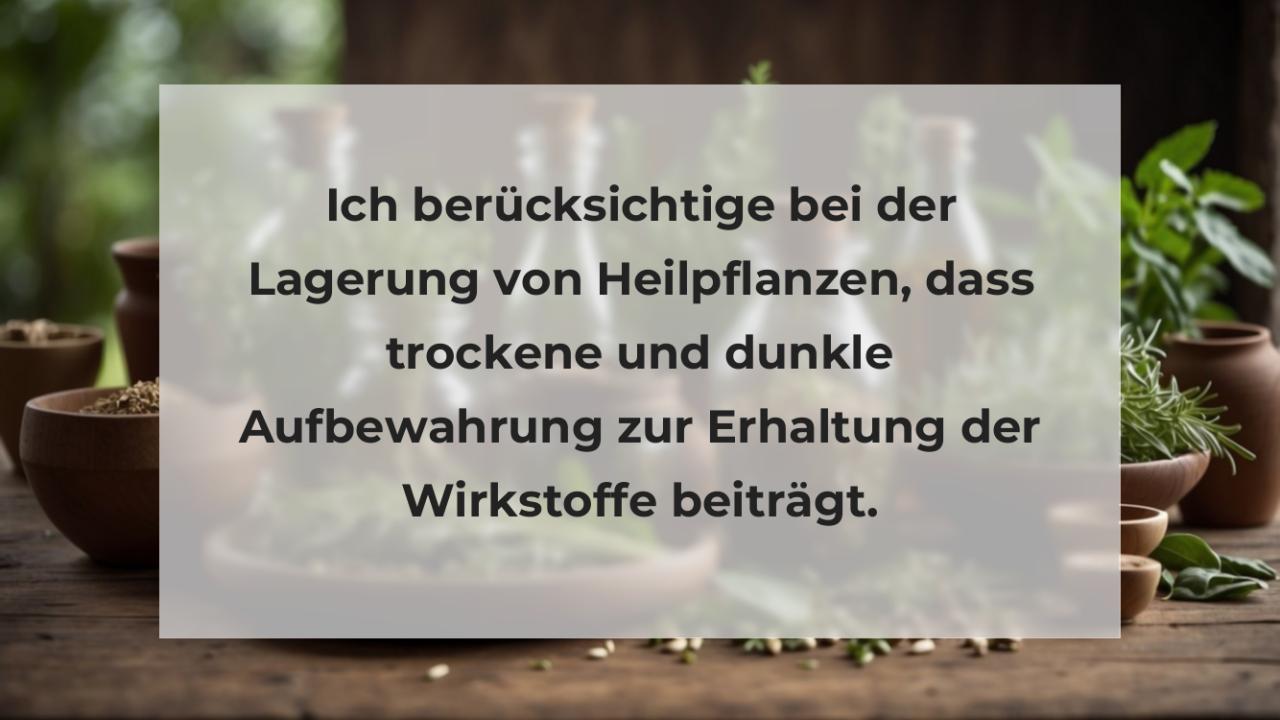 Ich berücksichtige bei der Lagerung von Heilpflanzen, dass trockene und dunkle Aufbewahrung zur Erhaltung der Wirkstoffe beiträgt.